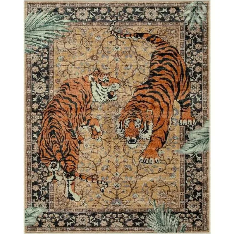 Vintage Tiger Floral Print Flannel Area Rug, Non-slip Soft Floor Mat for Living Room Bedroom Home Decor