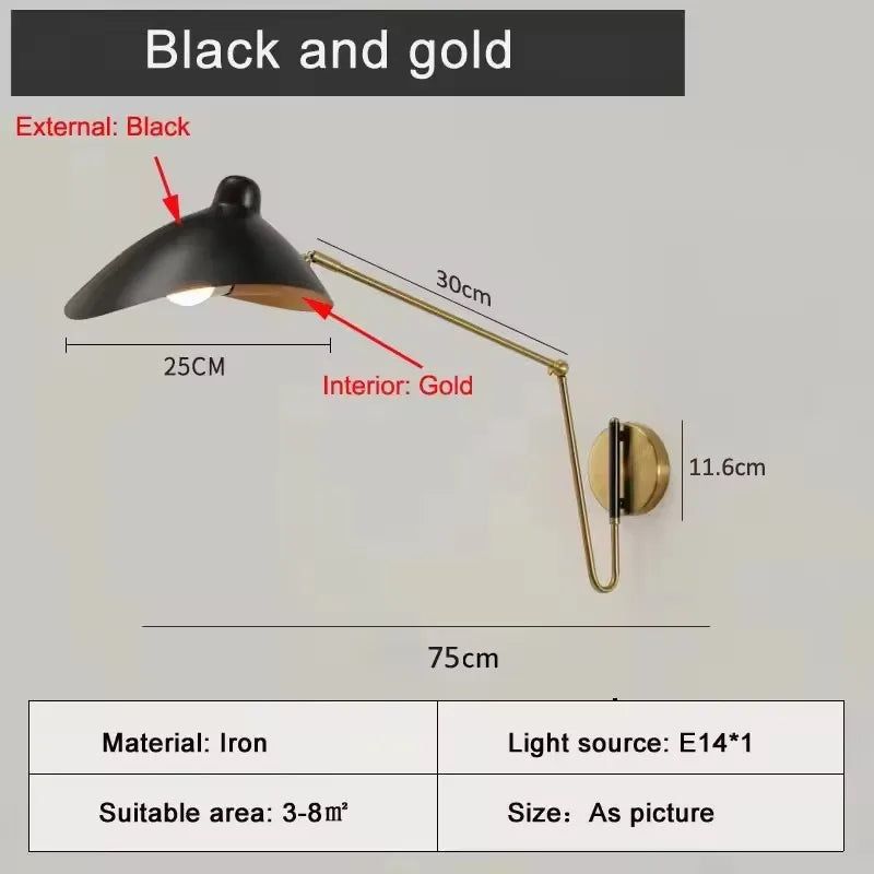 Black Swing Arm Wall Sconce Industrial Adjustable Metal Wall Lamp LED Reading Light For Bedroom Bedside Living Room Study E14