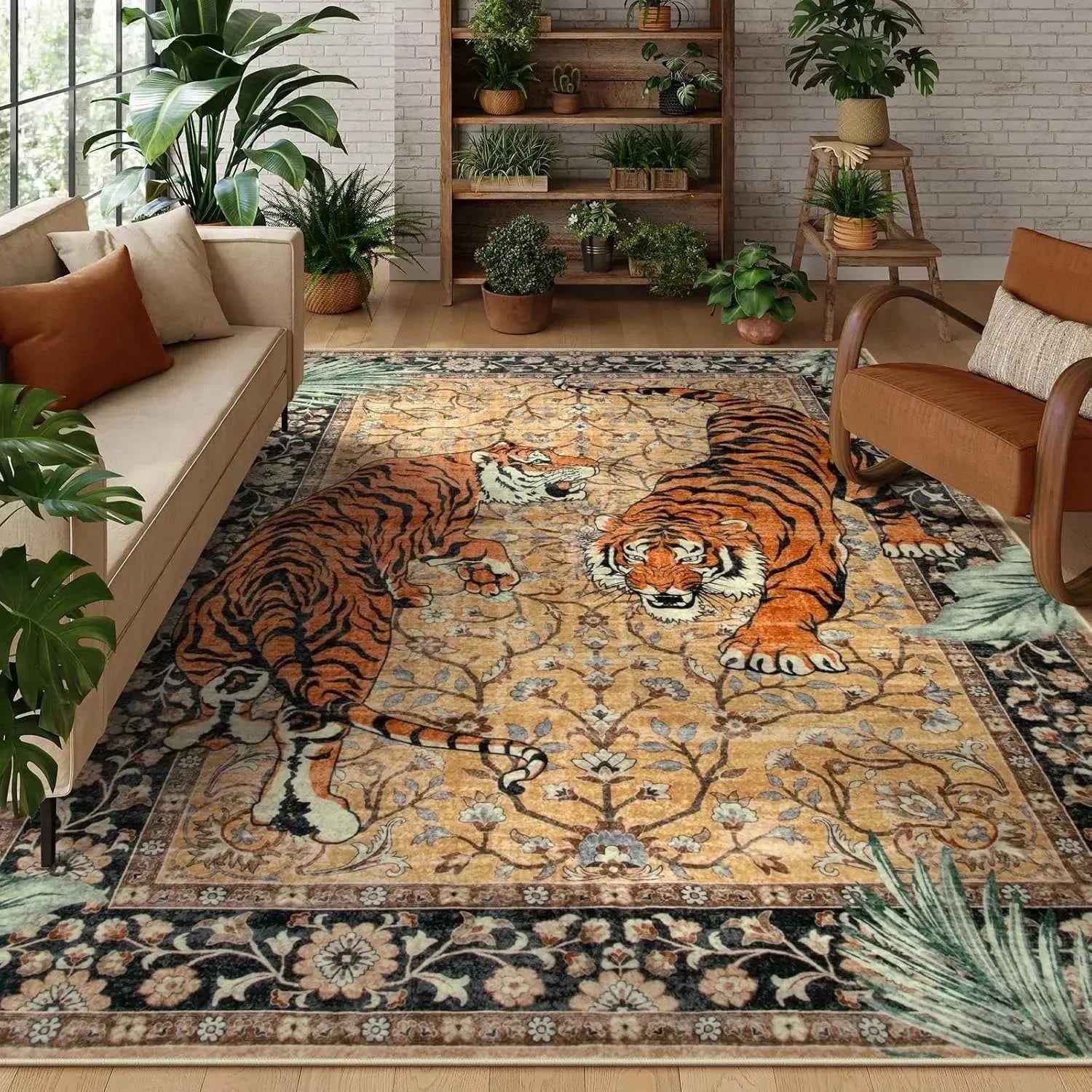 The Wilder – Vintage Tiger Print Flannel Area Rug with Anti-Slip Backing