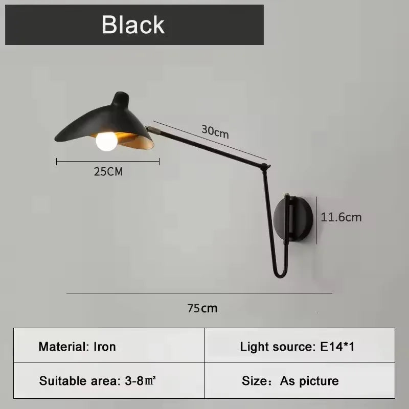 Black Swing Arm Wall Sconce Industrial Adjustable Metal Wall Lamp LED Reading Light For Bedroom Bedside Living Room Study E14