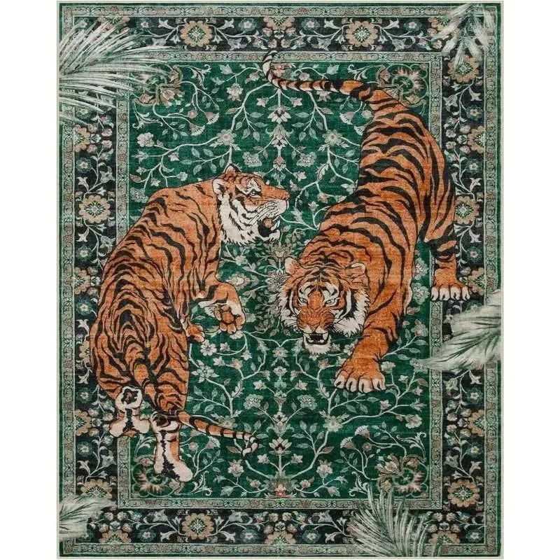 Vintage Tiger Floral Print Flannel Area Rug, Non-slip Soft Floor Mat for Living Room Bedroom Home Decor