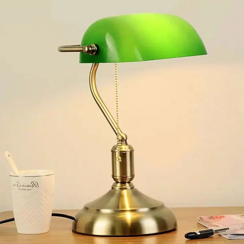 Retro Bank Table Lamp European Style Glass Lamp Office  Antique Copper Colour Living Room Bedroom Decorative Bedside Desk Lamp
