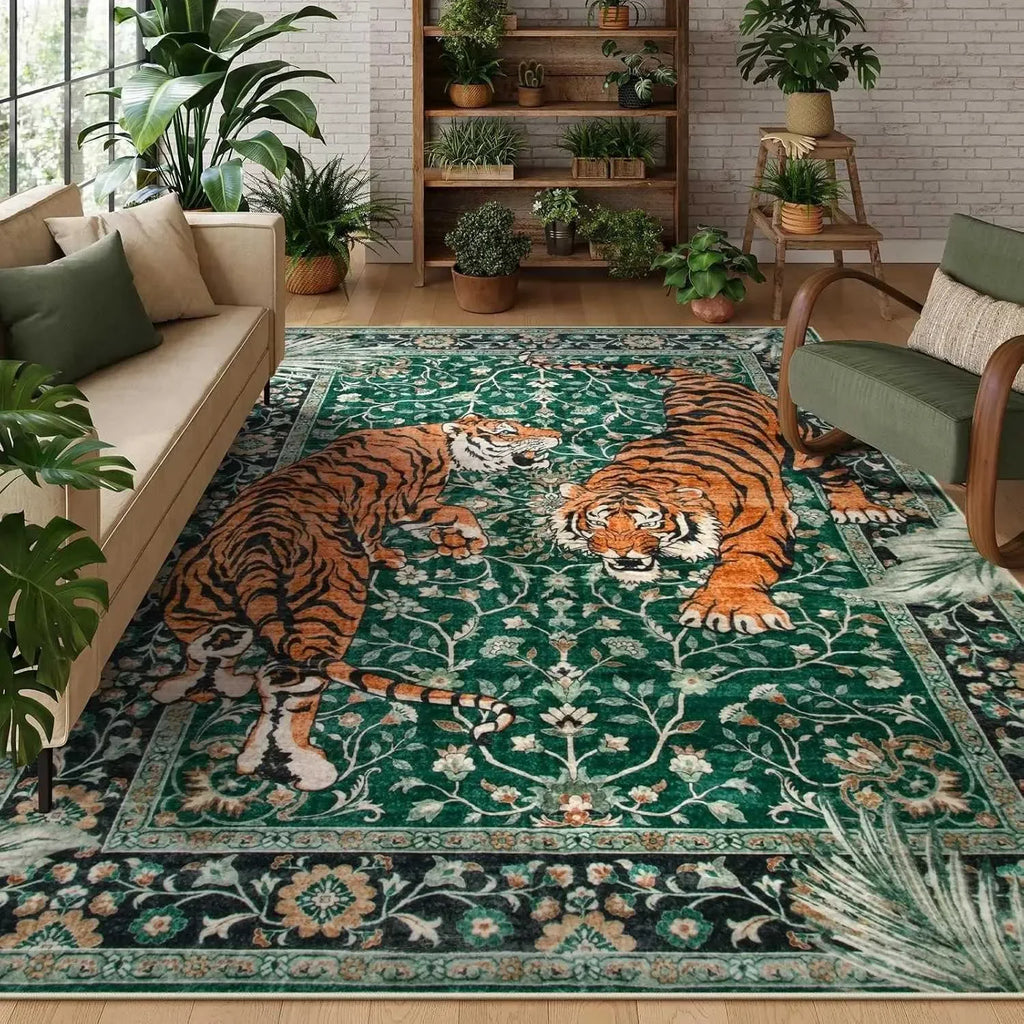 The Wilder – Vintage Tiger Print Flannel Area Rug with Anti-Slip Backing