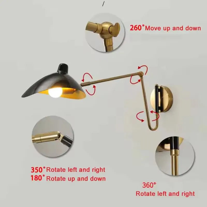 Black Swing Arm Wall Sconce Industrial Adjustable Metal Wall Lamp LED Reading Light For Bedroom Bedside Living Room Study E14