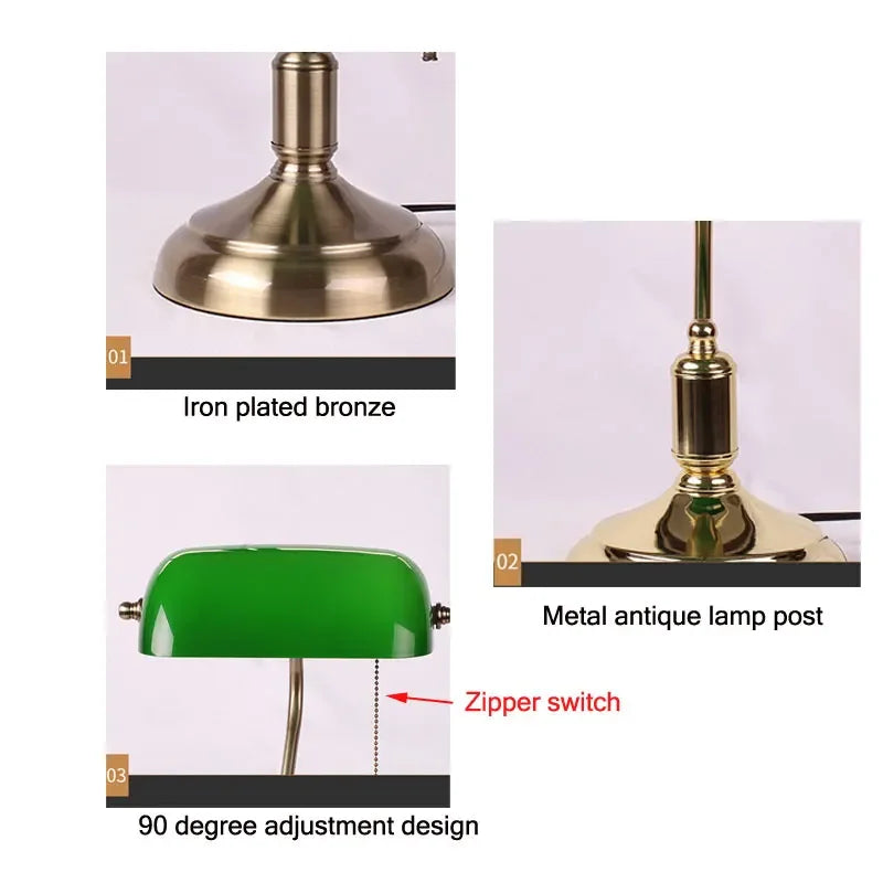 Retro Bank Table Lamp European Style Glass Lamp Office  Antique Copper Colour Living Room Bedroom Decorative Bedside Desk Lamp